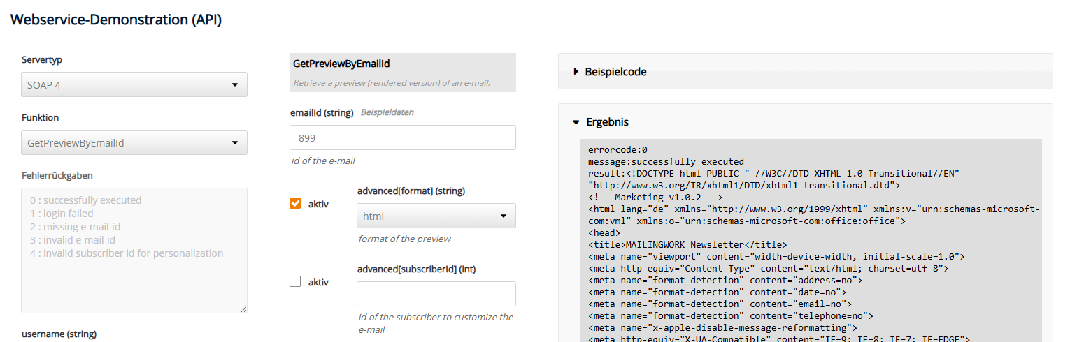 Ansicht der Webservice-Demonstration (API) in MAILINGWORK