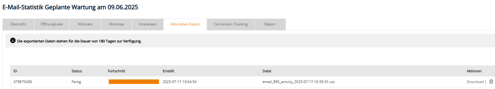 Ansicht des Reiter Aktivitäten-Export einer E-Mail